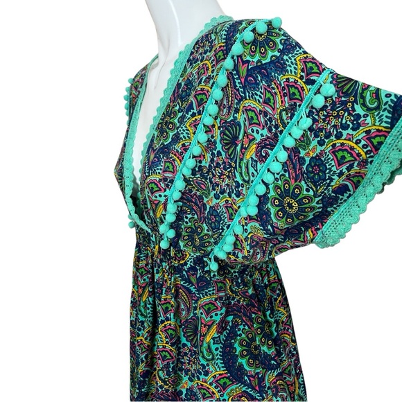 America & Beyond Bohemian Empire Waist Paisley Pom Pom Swim Cover Up Large - Picture 2 of 10
